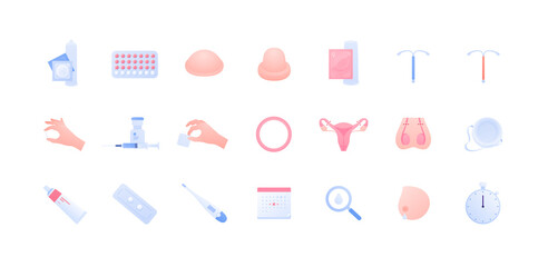 Contraception method concept. Vector flat color icon illustration set. Collection of icons of different contraceptive methods. Birth control and pregnancy prevention. Design for health care. - obrazy, fototapety, plakaty