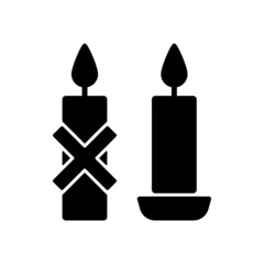 Use candleholder black glyph manual label icon. Hot wax spills prevention. Fitting candle inside stand. Silhouette symbol on white space. Vector isolated illustration for product use instructions
