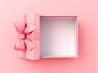 Opened gift box or top view of blank pink pastel color present box tied with pink ribbon and bow isolated on light pink background with shadow minimal conceptual 3D rendering
