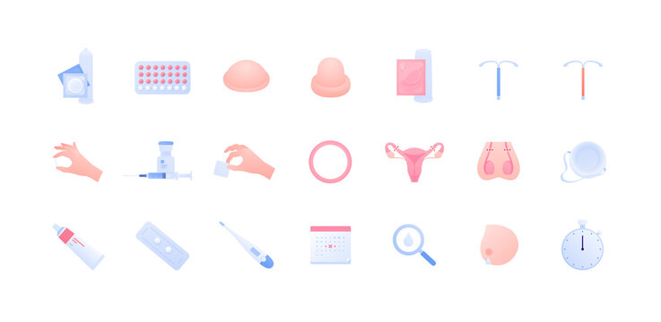 Contraception method concept. Vector flat color icon illustration set. Collection of icons of different contraceptive methods. Birth control and pregnancy prevention. Design for health care.