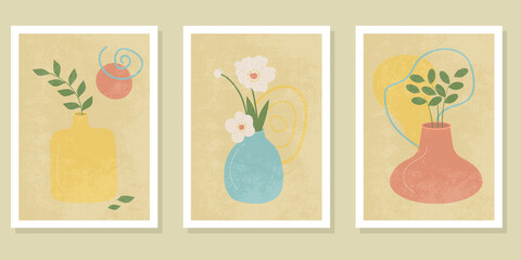 Abstract floral vases mid century posters. Boho contemporary wall art set hand drawn wallpapers interior decoration. Vector illustration.
