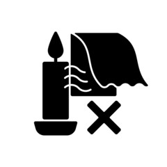 Obraz premium Keep candles away from air currents black glyph manual label icon. Avoid drafts. Preventing rapid burning. Silhouette symbol on white space. Vector isolated illustration for product use instructions