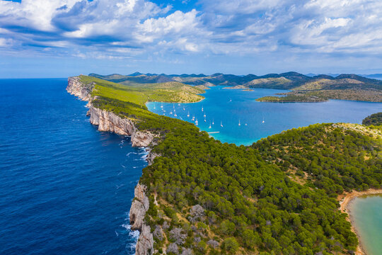 Cliffs above the sea on the shore of nature park Telascica, island of Dugi Otok, Croatia, spectacular seascape