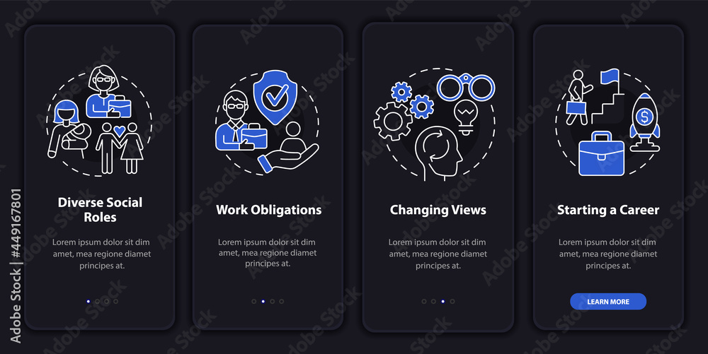 Poster diverse social roles onboarding mobile app page screen. starting a career walkthrough 4 steps graphi