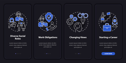 Diverse social roles onboarding mobile app page screen. Starting a career walkthrough 4 steps graphic instructions with concepts. UI, UX, GUI vector template with linear night mode illustrations