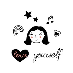 Love yourself. Happy girl with different elements around on white background. Line doodle style.	
