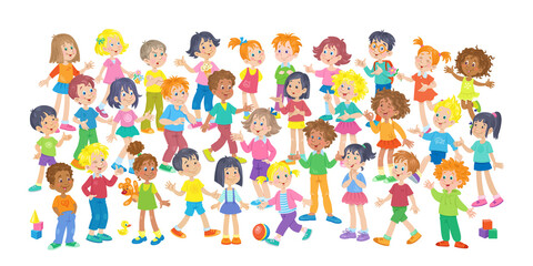 Fototapeta premium A large group of funny kids. Multicultural children with different colors of skin and hair in different poses and relationships. In cartoon style. Isolated on white background. Vector illustration.