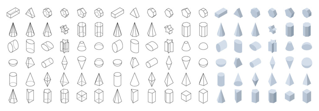 Set of 3d basic geometric shapes. Isometric view. Objects for school, geometry and mathematics. Isolated vector illustration on white background.