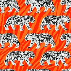 Fototapeta na wymiar Abstract Hand Drawing Bengal Tigers Seamless Vector Pattern with Isolated Zebra Stripes Background 