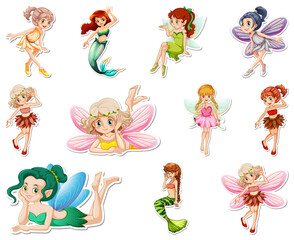 Fototapeta na wymiar Set of stickers with beautiful fairies and mermaid cartoon character