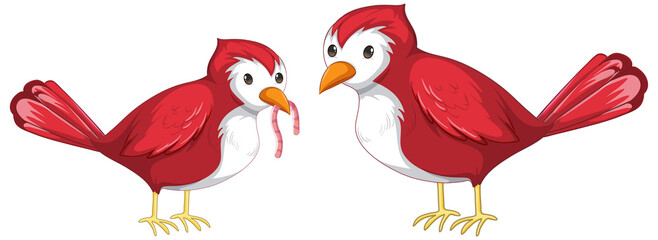 Two red bird catching worm in cartoon style isolated