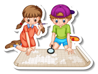 Sticker template with a couple kids looking at the world map