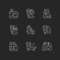 First aid bag chalk white icons set on dark background. Oral rinse. Burn treatment. Migraine medication. Wound dressing. Anti-inflammatory drugs. Isolated vector chalkboard illustrations on black