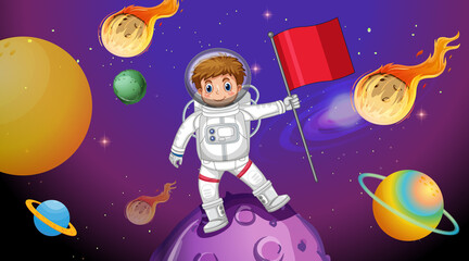 Naklejka premium Astronaut kid standing on asteroid in space scene