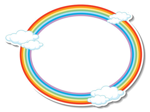 Rainbow round frame template with many clouds
