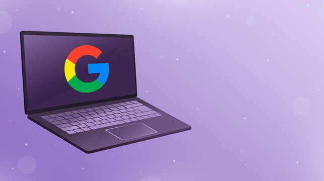 Open laptop with google icon logo on screen 3d