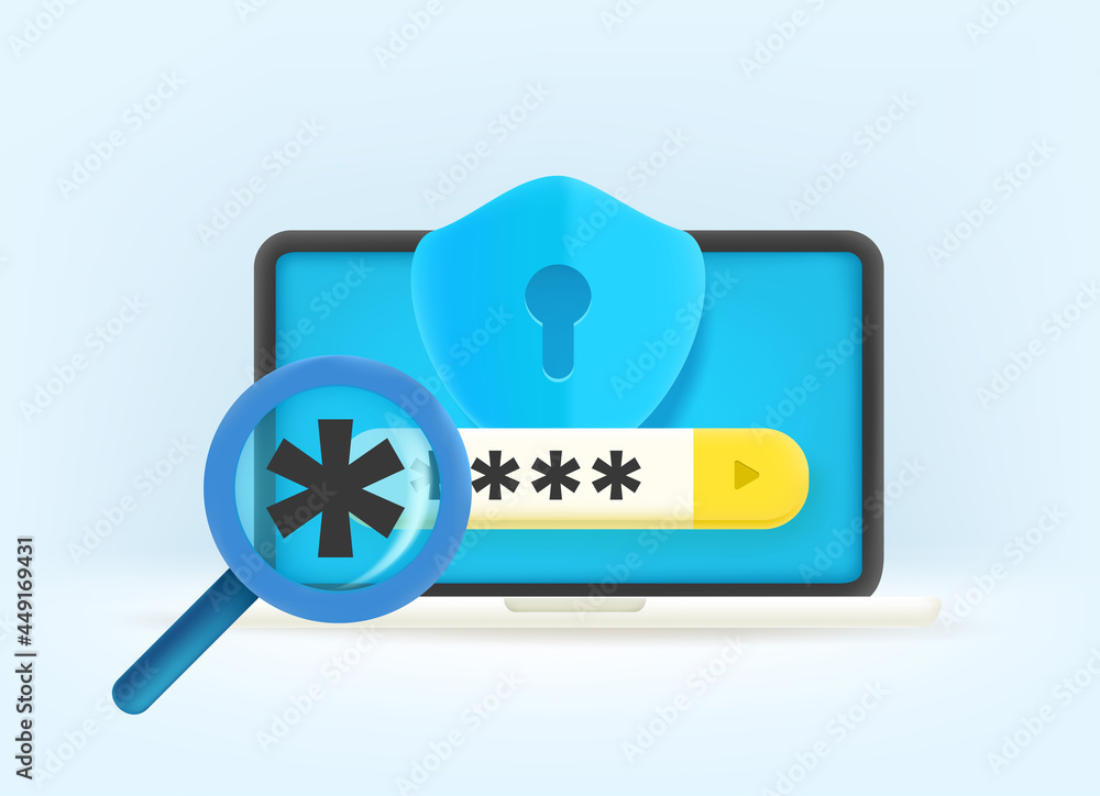Poster password guessing on laptop. 3d style vector illustration