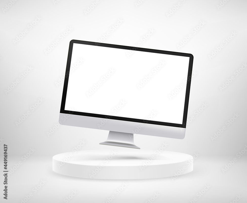 Poster modern personal computer on round stage. vector mockup