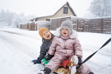 In winter, in the snow, happy brother and sister go sledding