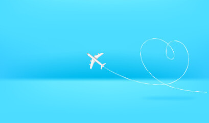 Airplane drawing heart sign. Horizontal banner with copy space