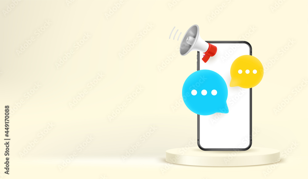 Aufkleber smartphone mockup with speech clouds and megaphone. horizontal banner