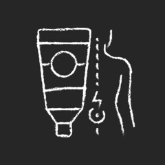 Ointment for back pain chalk white icon on dark background. Burning pain relieving. Soothing sensation. Reduce inflammation. Healing ingredients. Isolated vector chalkboard illustration on black