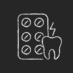 Painkillers chalk white icon on dark background. Relieving toothaches. Analgesic medicine. Anti-inflammatory drug. Headaches, injuries treatment. Isolated vector chalkboard illustration on black