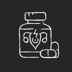 Pills for period cramps chalk white icon on dark background. Relieve painful menstruation. Anti-inflammatory drug. Calming abdominal cramping. Isolated vector chalkboard illustration on black