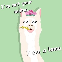 Alpaca animal on a green background. Modern cartoon. Cover. Lama is white with big eyes. Animals. Zoo.Colorful poster. Beautiful style. Isolated vector illustration. Nursery print. Decorative design.