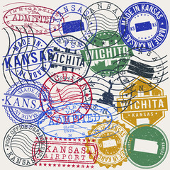 Wichita, KS, USA Set of Stamps. Travel Stamp. Made In Product. Design Seals Old Style Insignia.