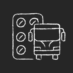 Pills for motion sickness chalk white icon on dark background. Nausea and vomiting reducing. Preventing travel sickness. Cure dizziness, vomiting. Isolated vector chalkboard illustration on black