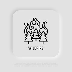Wildfire in forest thin line icon. Natural disaster. Global warming. Vector illustration.