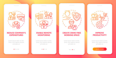 Working space free from crime onboarding mobile app page screen. Employees behavior walkthrough 4 steps graphic instructions with concepts. UI, UX, GUI vector template with linear color illustrations
