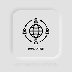 Immigration thin line icon, people moving around globe. Modern vector illustration.