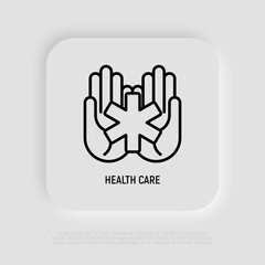 Healthcare, medical support thin line icon. Star of life in hands. Vector illustration.