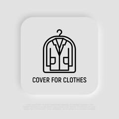 Suit from dry cleaning thin line icon, dust cover for clothing. Garment cover. Symbol of laundry. Modern vector illustration.