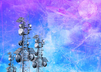 Three abstract telecommunication tower with antenna and satellite dish on outre space background with planets