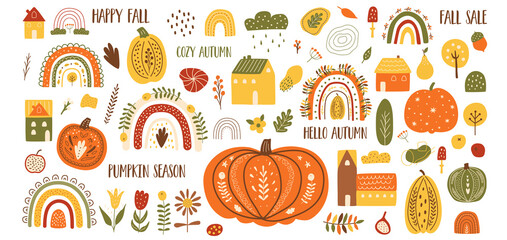 Autumn elements vector set. Autumn rainbows, pumpkins, houses. Fall clipart, harvest set, fall season elements