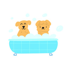 Two dogs taking a bath. Hand drawn vector illustration on white background.