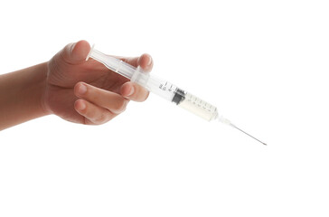 Doctor holding COVID-19 vaccine in hand on white background