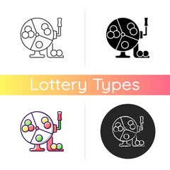 Ball draw machine icon. Drawing winning numbers for lottery game. Bingo blowers. Raffle drum. Random number generation. Rotating arms. Linear black and RGB color styles. Isolated vector illustrations