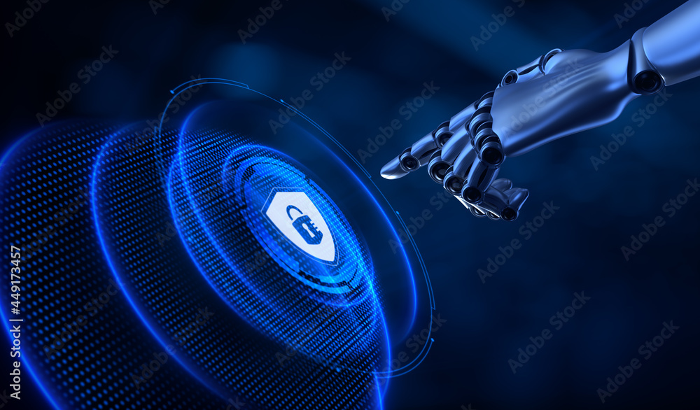 Poster cyber security information privacy data protection. robotic hand pressing button 3d render.
