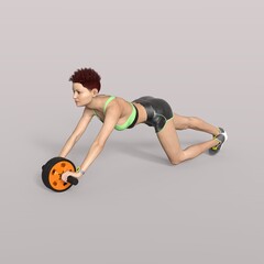 Fototapeta na wymiar 3D Rendering of an Isolated Fitness Girl making Sport with a roller