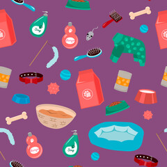 Products for pets. Pet food, beds, toys, bowls, clothes etc. Seamless pattern for your business. Purple background.