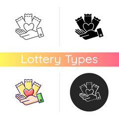 Charitable lottery game icon. Fundraising opportunities. Charity gambling. Generating income. Conducting charitable gaming activities. Linear black and RGB color styles. Isolated vector illustrations