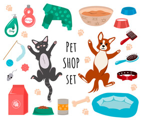 Pet shop set of illustrations. Cartoon dog and cat. Pet products: pet food, beds, toys, bowls, clothes etc.