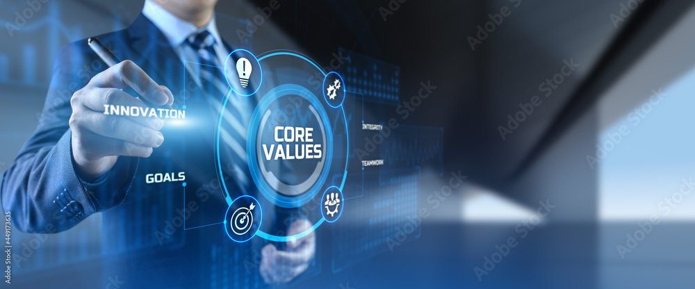 Poster core values responsibility innovation. businessman pressing button on screen.