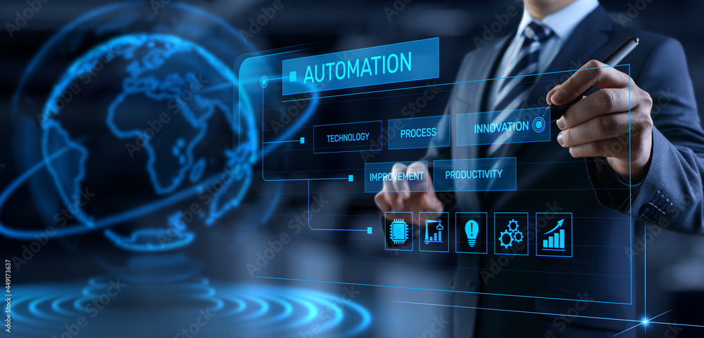 Poster automation innovation technology concept. businessman pressing button on screen.