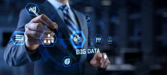 Big Data Analysis Analytics internet technology concept. Businessman pressing button on screen.