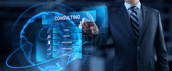 Consulting service business concept. Businessman pressing button on screen. - obrazy, fototapety, plakaty